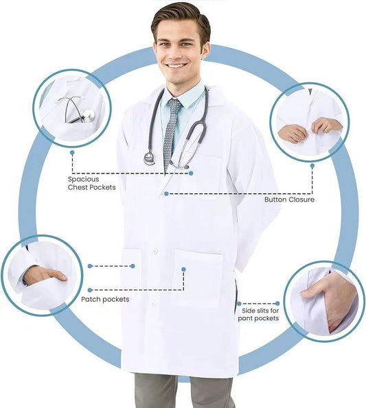 Heavy Duty Professional Scrubs White Lab Coat Long Sleeve Medical Uniform for Men Size M