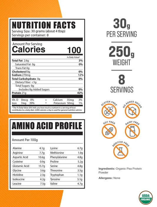 Bulksupplements Organic Pea Protein Powder - Vegan Protein Supplement, Unflavored - 30G per Serving, 250G (8.8 Oz)